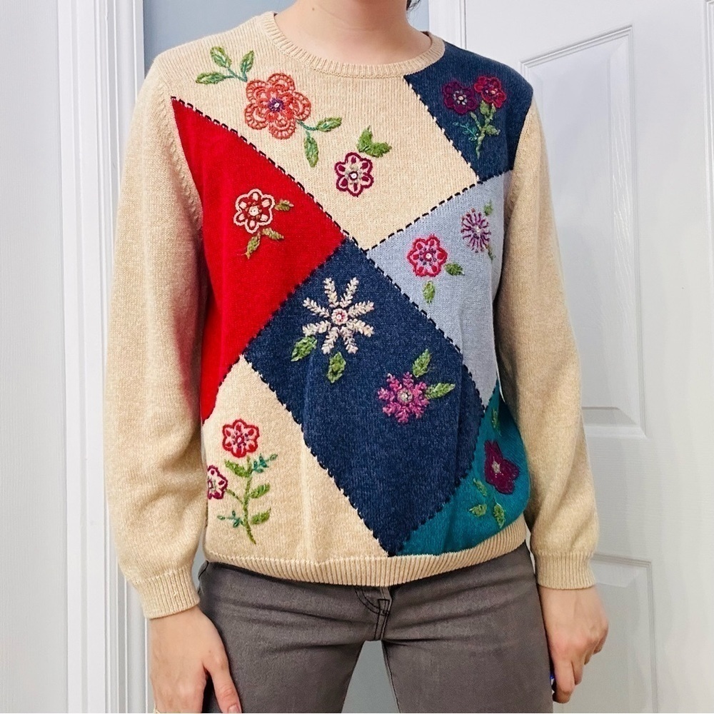 Vintage Sweater Patchwork Fairy Boho Colorful Grandma Grannycore Tan Size Small